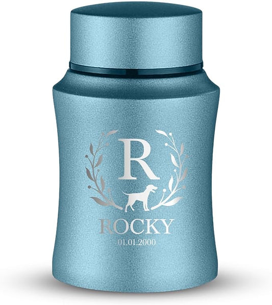 Customized Small Keepsake Urn Personalized Engraved with Pet Name, Date, and Dog Design - 4" Powder Coated Cremation Mini Compact Urn for Dogs Ashes | 5–10 Lbs Capacity | Powder Blue, Flower Border