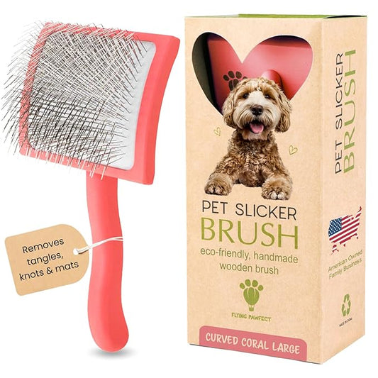 Premium Slicker Brush With Soft Massage Grooming Stainless Steel Pins - For Dematting, Shedding Fur, and Undercoat - Ideal Gift for Professional Pet Groomers - Long Slicker Brush (Coral, Curved Large)