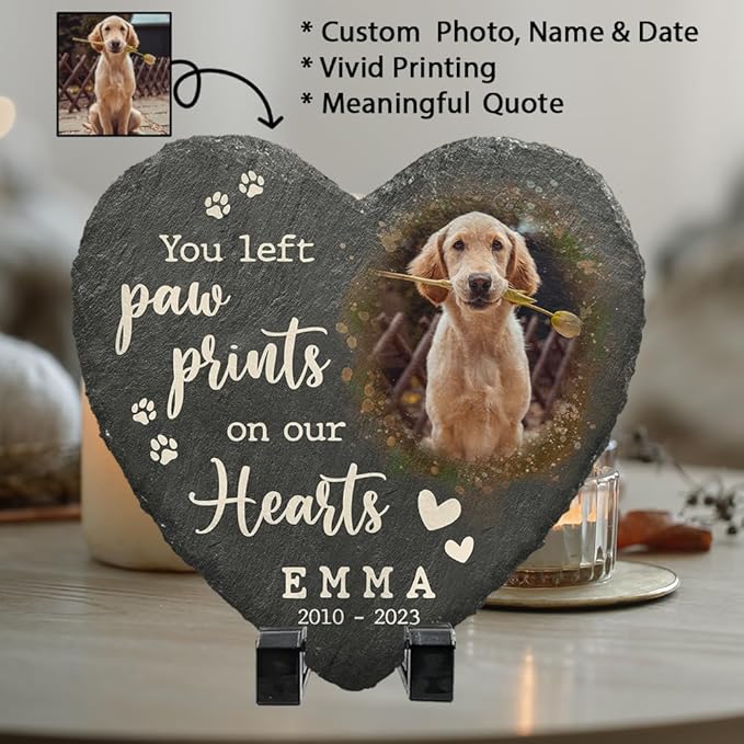 Sympathy Pet Bereavement Heart Shaped Stone with Dog Paw Print, Custom Plaque to Decor for Cemetery, Memorialize Your Furry Loved Ones, Thoughtful Gifts for Cat Lovers at The Loss