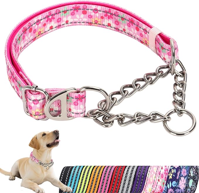 Martingale Collar for Extra Large Dog with Chain，Reflective & Padded Comfortable & Safe No-Pull Dog Collar for Training & Walks（Pink XL