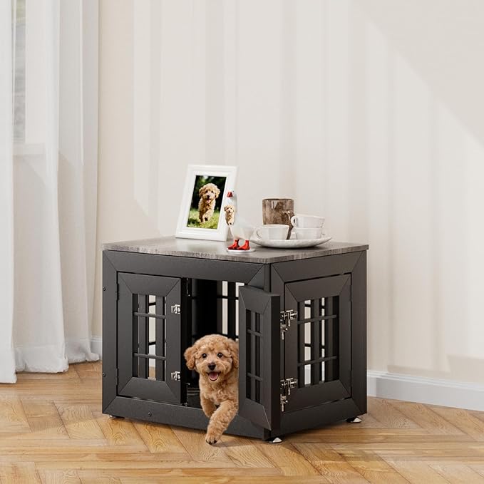 26" Heavy Duty Dog Crate Furniture for Small,Medium and Large Dogs,Rustic Wooden Dog Cage Kennel Indoor Furniture with Waterproof Top,Decorative Pet House Side End Table (Black & Grey)