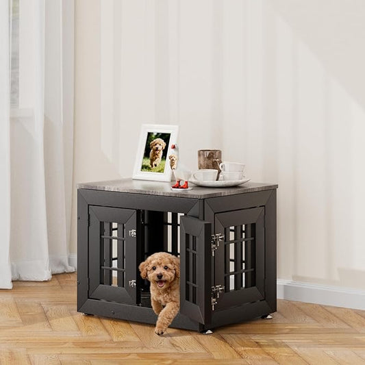 26" Heavy Duty Dog Crate Furniture for Small,Medium and Large Dogs,Rustic Wooden Dog Cage Kennel Indoor Furniture with Waterproof Top,Decorative Pet House Side End Table (Black & Grey)