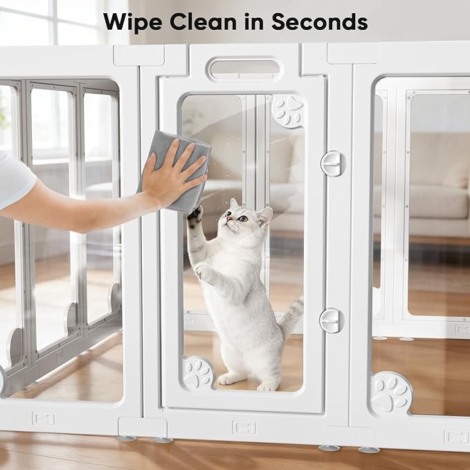 Clear Acrylic Dog Play Pen Indoors, Transparent Puppy Playpen with Door for Small Dogs Puppies, Modular Plastic Pet Playpen Cage Fence Crate for Cat Kitten Rabbit (White, 30 Inch Tall - 2 Panels)