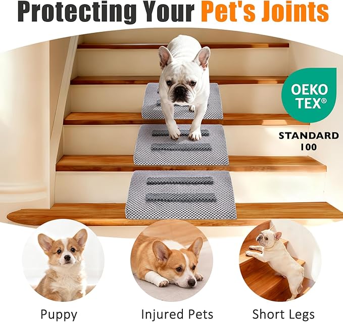 Dog Ramp for Stairs with Anti-Slip Bump for Small & Senior Dogs and Cats – Stair Wedges for Dogs with Gentle Slope, Pet Ramp with Washable Cover & Self-Sticky Pads for Safe Climbing (Gray, 1 Pack)