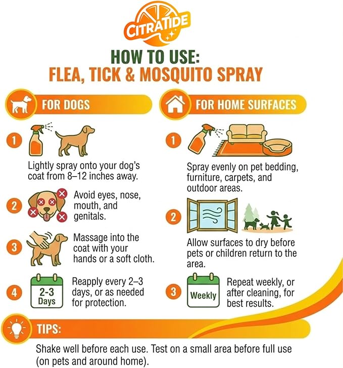 Natural Flea, Tick & Mosquito Spray for Dogs – Cedarwood & Citrus Formula – Plant-Based, DEET-Free, Non-Toxic, USA Made – Safe for Home & Pets – CITRATIDE (16 fl oz)