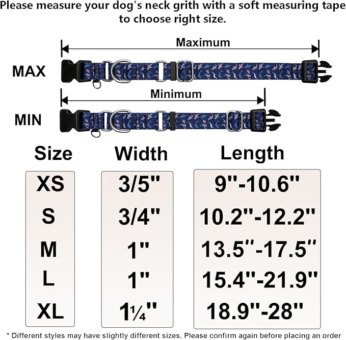 Martingale Collar for Dogs with Buckle Shark Dog Collar Adjustable Soft Nylon Boy Dog Collars for Small Dogs, Deep Blue Shark