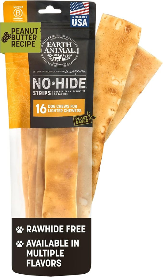 Earth Animal No Hide Strips - Natural Rawhide Free Dog Chew Strips, Peanut Butter - 16 Count