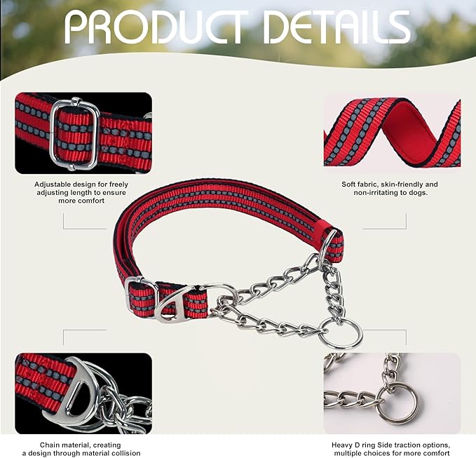 Martingale Dog Collar with Reflective Padded Strap, Anti-Choke & No-Pull Design Dog Collars with Heavy-Duty Chain, Perfect for Medium Large Extra Large and XXL Dogs (Red L)