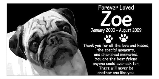 Personalized Pug Pet Memorial 12"x6" Engraved Black Granite Grave Marker Head Stone Plaque ZOE1