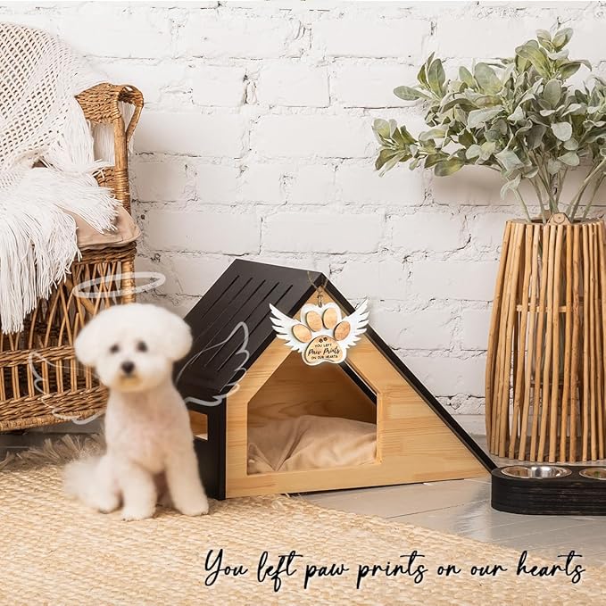 Pet Memorial Ornament, White Christmas Decor, Gifts for Loss of Dog, Angel Wings Wooden Ornaments, You Left Paw Prints on Our Hearts, Dog Passing Away Gift, Puppy Heaven