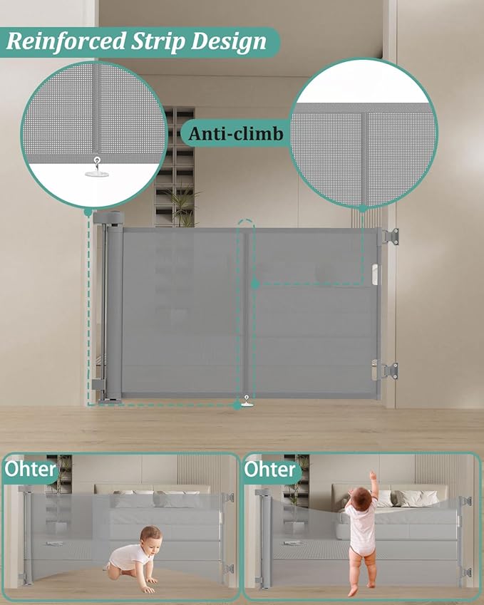 59 inch Retractable Baby Gates 42 inch Tall, Retractable Gate with Reinforced Strip Design to Prevent Crawling Through, 5 FT Retractable Dog Gate for Stairs, Doorways, Hallways, Indoor/Outdoor