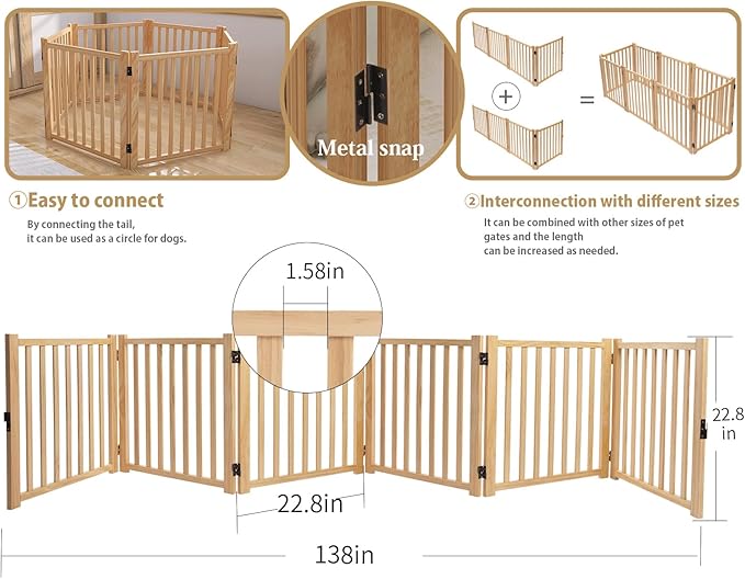 Solid Wood Freestanding Pet Gate,Nature Wood Dog Gates for Doorways The House,Pet Gate for Stairs,Freestanding Indoor Gate Safety Fence,23" Height-6 Panels