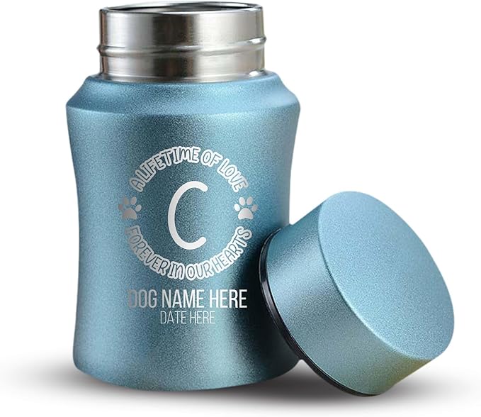 Customized Small Keepsake Urn Personalized Engraved with Pet Name, Date, and Dog Design - 4" Powder Coated Cremation Mini Compact Urn for Dogs Ashes | 5–10 Lbs Capacity | Powder Blue, Lifetime of Love