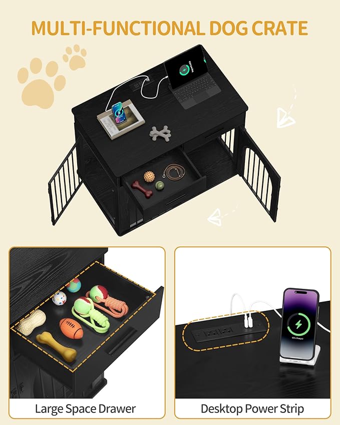 39.4'' Large Dog Crate Furniture with 2 Storage Drawers, Heavy Duty Dog Kennel Indoor with Charging Station, Wooden Dog Cage End Table Kennel for Medium/Large Dogs, Black DFC84204B