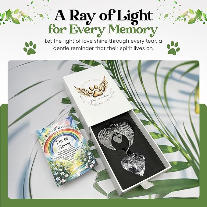 Memorial Sympathy Gift Box for Dog Loss - Pet Memorial Clear Crystal Heart Grief Suncatcher for Loved One, Thoughtful Dogs Remembrance, Loss Sympathy Rainbow Maker, Hanging Ball Prisms Gifts