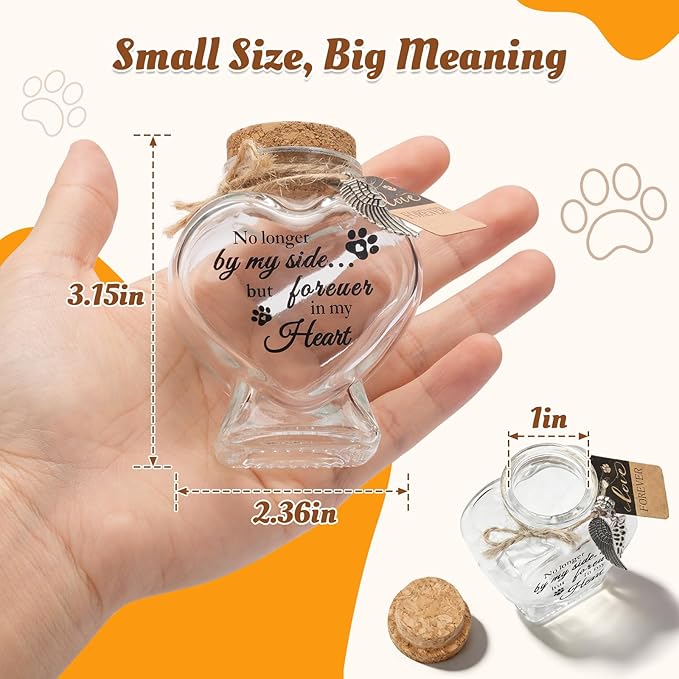 Pet Fur Keepsake Jar-Pet Memorial Gift for Loss of Dog or Cat, Heart-Shaped Glass Pet Hair Keepsake Bottle, Dog Fur Keepsake & Cat Fur Keepsake, Printed Quote Forever in My Heart”