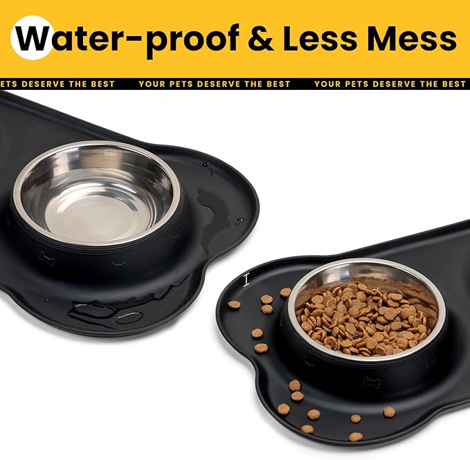 Dog Bowls with Non-Slip Silicone Mat, Spill Proof Large Food & Water Bowls Set, Easy Clean Dog Food Dish, Dishwasher Safe, Suitable for Dogs Cats Pet Under 90lbs, Large, Black