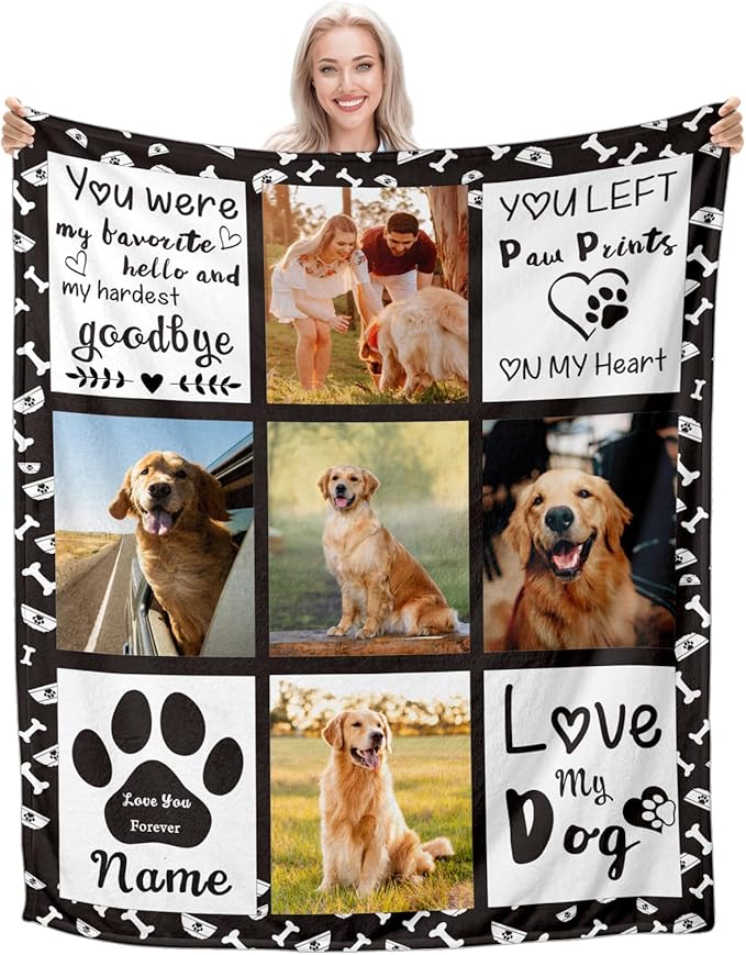 Generic Personalized Pet Memorial Throw Blanket, Custom Dog Photo & Name, Customized Pet Memorial Gifts, Black, Queen Size
