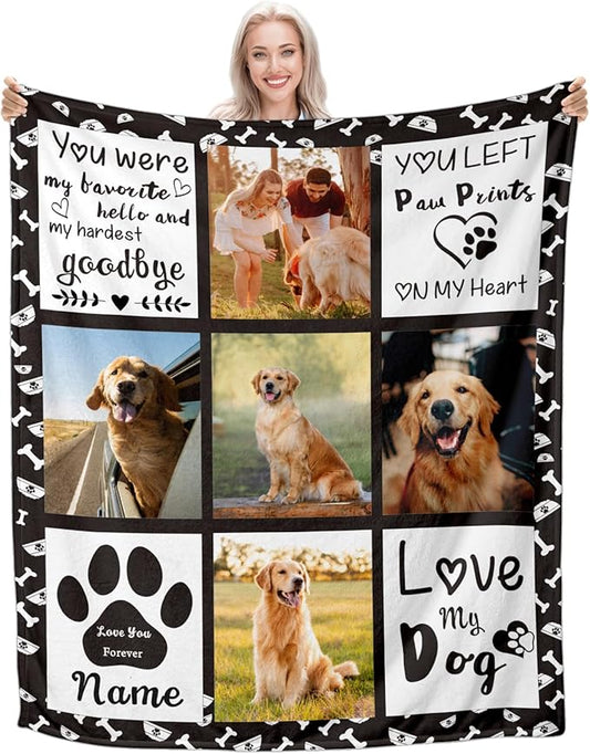 Generic Personalized Pet Memorial Throw Blanket, Custom Dog Photo & Name, Customized Pet Memorial Gifts, Black, Queen Size