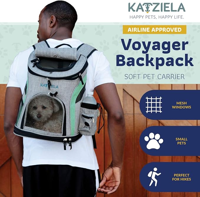Katziela Pet Carrier Backpack - for Small Dogs and Cats - Water Bottle, Waste Bag and Storage Pouches, 3 Mesh Windows, Leash Hook - 3 Option Top: Open, Mesh or Shade - Bonus: 2 Poop Bag Rolls – Green
