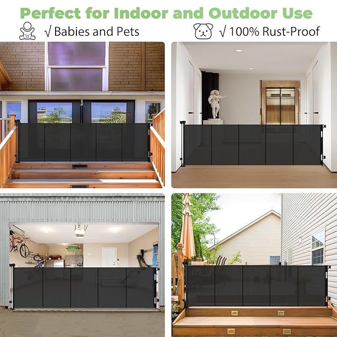 Reinforced 155" Extra Wide Baby Gate Retractable Dog Gate with Support Rods – Prevent Crawling Under, 13ft Retractable Baby Gates Long Gates for Kids or Pets Retractable Gate, Black