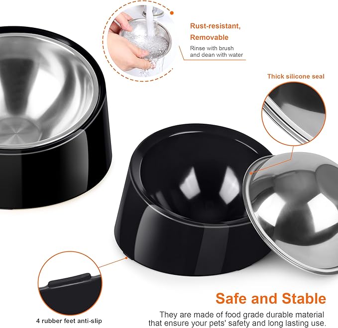 Tilted Dog Bowl Non-Slip & Non-Spill Pet Feeder with Elevated Detachable Melamine Stand, Easy to Get Food Dog Dish, M/180ml Black