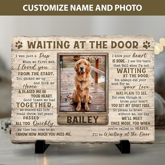 Dog Memorial Stone - Wait at The Door Personalized Stones in Memory of Beloved Dogs, Pets - Remembrance Dog Memorial Plaque with Custom Photo & Name - Bereavement Gift