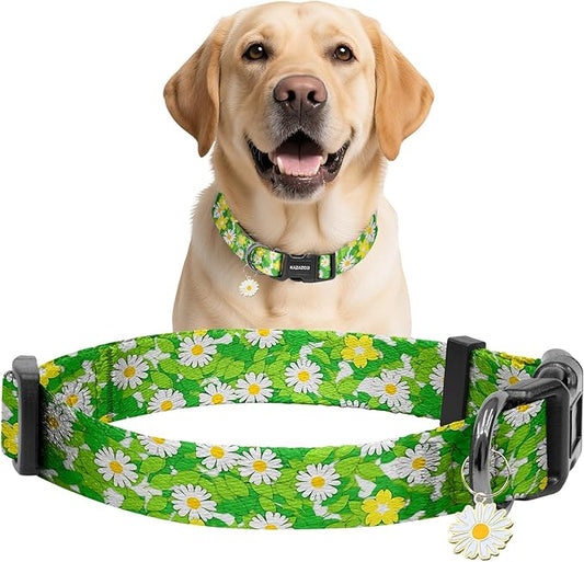 Kazazoo Dog Collar Cute and Soft Nylon Puppy Collar for Boy and Girl, Adjustable Dog Collars for Medium Large Dogs, Green Daisy-L
