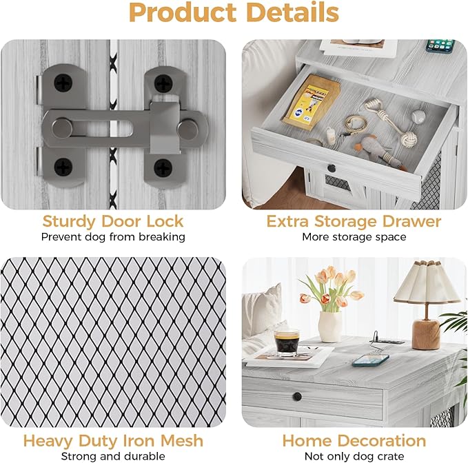 VOWNER Dog Crate Furniture, Wooden Dog Kennel End Table with USB Charging Station, Storage Drawer, Double Latched Door, Furniture-Style Crate Side Table for Medium Dogs Under 40 lbs Indoor, Gray Pine
