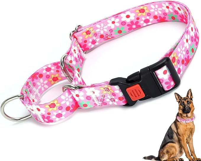 Pink Martingale Collar for Medium Dogs with Safety Buckle, Adjustable Girl Dog Collars with Flowers Design, Heavy Duty No Slip Collar Great for Whippets, Greyhounds and More (M)