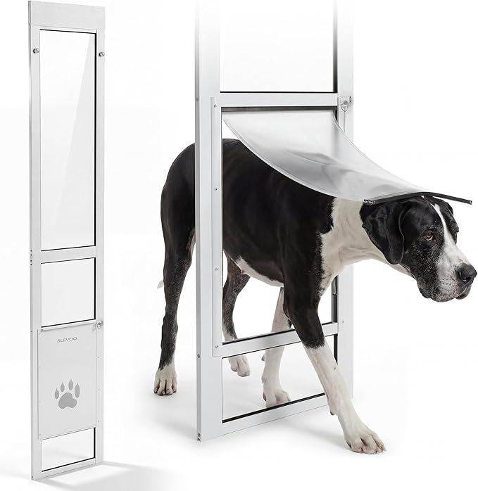 Slevoo Sliding Glass Dog Door, No-Cut Installation, Height Adjustable 79 1/5" to 82", Upgraded Silicone Flap, Weatherproof & Secure Pet Door for Medium/Large Dogs, White Aluminum Frame (Large-Tall)
