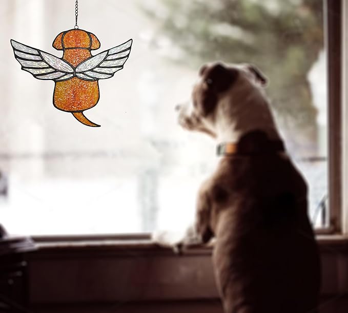 Stained Glass Angel Rainbow Wing Memorial for Loss of Dog, Dog Bereavement Gift (Orange)