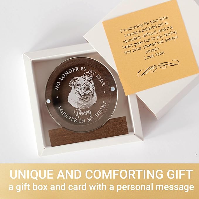 Personalized Pet Hair Keepsake Box for Dog and Cat Fur - Engraved Wood Memorial Box - Unique Customized Gift for Loss of Furry Friend Wooden (Dark Round Wood/Acrylic Lid, With Photo)