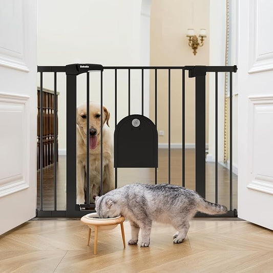 BABELIO 30-43" Baby Gate with Cat Door, Adjustable Metal Pet Door, Auto Close Dog Gate Indoor, No Drilling Pressure Mounted Easy Walk Thru for Doorway and Stairs, Black