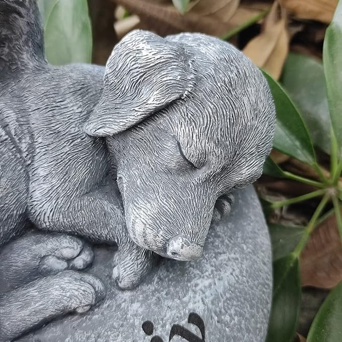Personalized Angel Dog Statue Memorial Stones Grave Markers with A Sleeping puppy On the Heart-Shaped Stone-Dog Memorial Gifts for Loss of Dog.