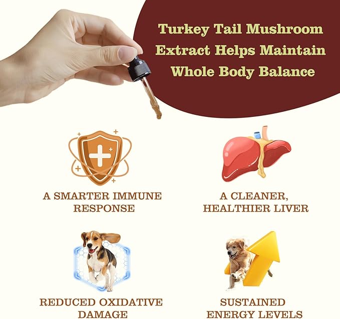 Turkey Tail Mushroom Drops for Dogs & Cats, Relieves Lipoma/Lumps/Bumps & Warts Support, Boost Immunity, Ganoderma Lucidum & Chaga Mushroom: Young Weak & Senior Pets & Low-Vitality & Post-Surgery Pets