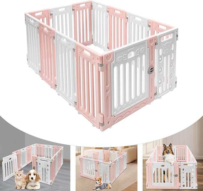 Dog Playpen with Door, 12 Panels Pet Safety Fence Foldable Puppy Pen Indoor Dog Fence, Plastics Enclosure Dog Pen Indoor for Small Dogs and Cats, Easy Assemble (Pink)