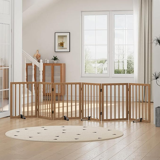 Dog Gates for Doorways, Freestanding Dog Gate Indoor, Foldable Pet Gates for Doorways Bedroom, Puppy Gate with Metal Support Feet, Room Divider 6 Panels (Dark Walnut)