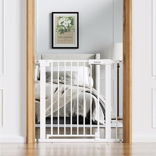 Babelio Baby Gate for Doorways and Stairs, 31-36" Pet Gate with Wide Walk Thru Door and Lock Indicator, No Drill Pressure Mounted Safety Gate with Double Lock and Self-Closing, White