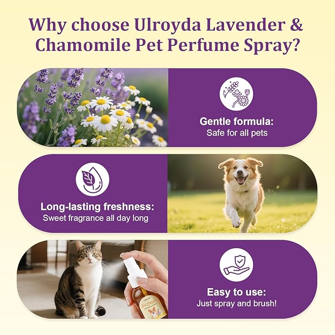 Calming Pet Cologne Spray, Lavender & Chamomile Dog Perfume, Soothing Grooming for Dogs and Cats, Anxiety Relief, Alcohol-Free Sensitive Skin Formula, Between Baths Freshener, 2.37 fl oz