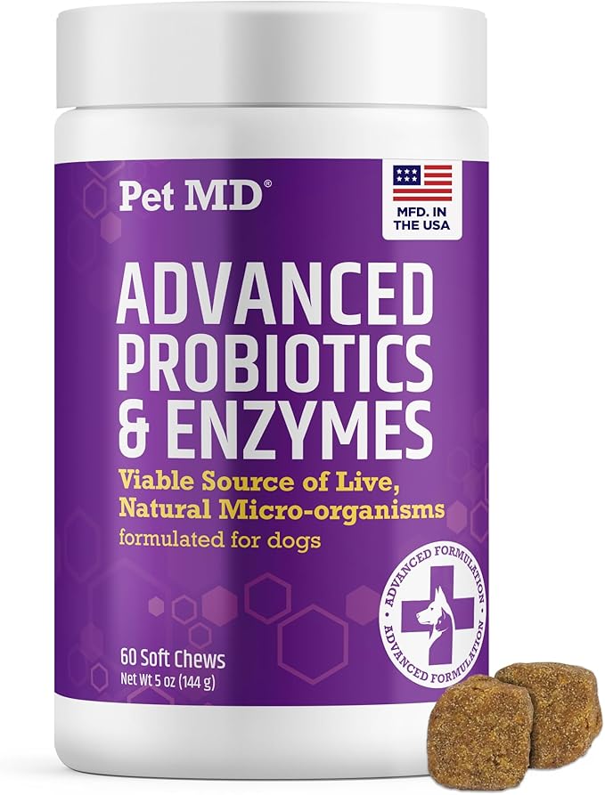 Pet MD Probiotics & Enzymes for Dogs - Gut Health Chews with Prebiotics - Digestive Aid for Dogs with Upset Stomach, Diarrhea, Constipation, or Gas - Functional Probiotics for Canines - 60 ct