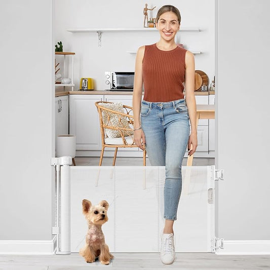Short Dog Gate 0"-39" Wide Narrow Baby Gate 24” Tall Retractable Baby Gate to Step Over Short Gate for Stairs Low Pet Gate Indoor Mesh Doggie Gates Puppy Gate for Doorway, White
