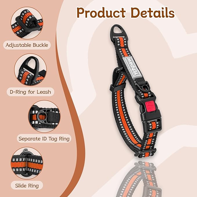 Martingale Collar for Dogs Reflective Collar with Quick Release Buckle, Adjustable Nylon Collars for No Slip Dog Collar, Orange, S