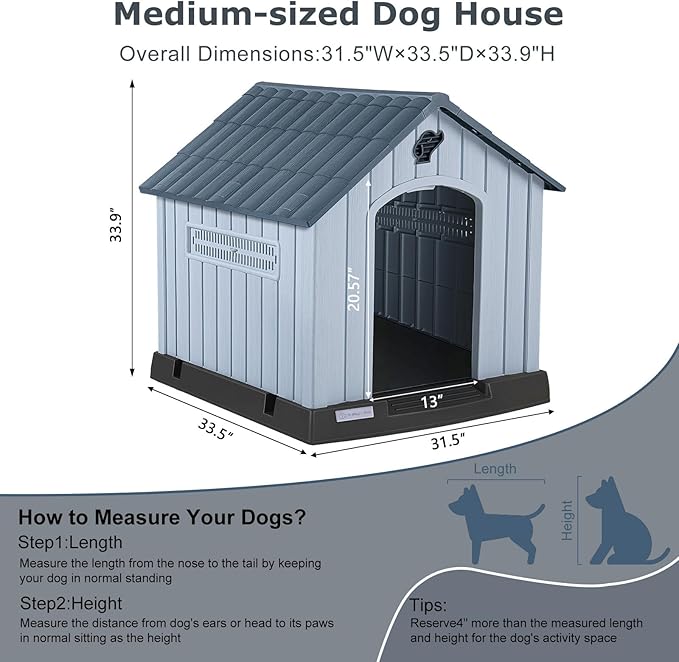 LEMBERI Durable Waterproof Plastic Dog House for Small to Medium Sized Dogs, Indoor Outdoor Doghouse with Air Vents and Elevated Floor, Easy to Assemble (Gray, 33.5" L x 31.5" W x 33.9" H)