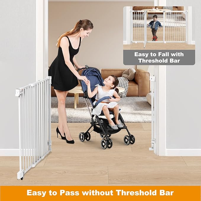 No Bottom Bar Baby Gate, 37 inch Tall Cat Pet Gate for Doorway, Adjustable 27.5in- 43 in Dog Gate with Large Walk Thru Door (White, 37inch)