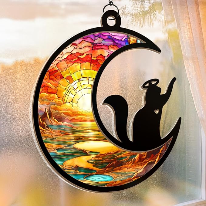 Cat Memorial Christmas Ornament, Memorial Window Hanging Suncatcher Ornaments, Black Cat Memorial Gifts for Loss of Cats, Pet Loss Sympathy Gift for Pet Lovers Women, Memorial Ornaments