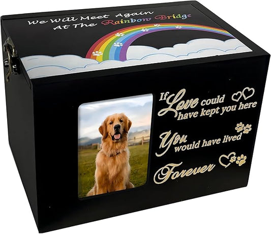 Sofunii Pet Urns for Dogs or Cats Ashes,Large Wooden Funeral Cremation Memorial Box with Photo Frame,Rainbow Bridge Keepsake with Black Flannel as Lining,Loss Pet Memorial Remembrance Gift