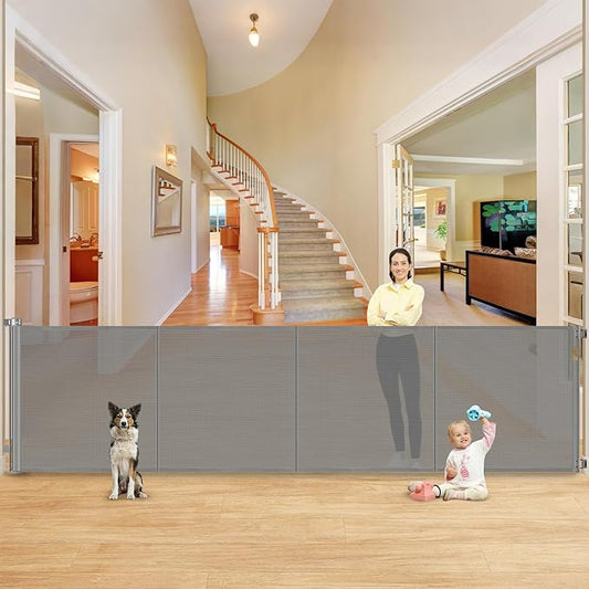 Reinforced 42" Extra Tall X 159" Extra Wide Baby Gate Retractable Baby Gates Prevent Babies and Dogs from Squeezing Through Tall Retractable Dog Gate Outdoor 13.25ft Long Child Gates for Doorways,Gray