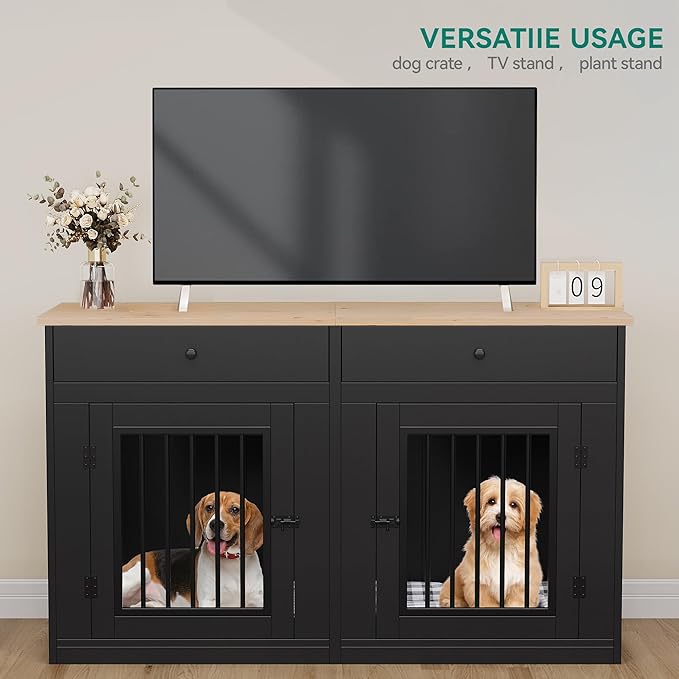 DWVO 60 Inch Double Dog Crate Furniture for 2 Dogs, Heavy Duty Wooden Dog Crate TV Stand with Removable Divider & Storage Drawers, Dogs Kennel Indoor Furniture Double Sliding Barn Door, Black