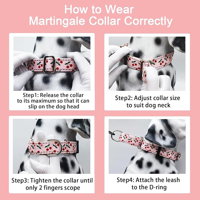 Reflective Martingale Collar for Dogs Nylon Training Collar with No Buckle No Pull Cute Dog Collar for Medium Dogs（Pink Cherry，M）